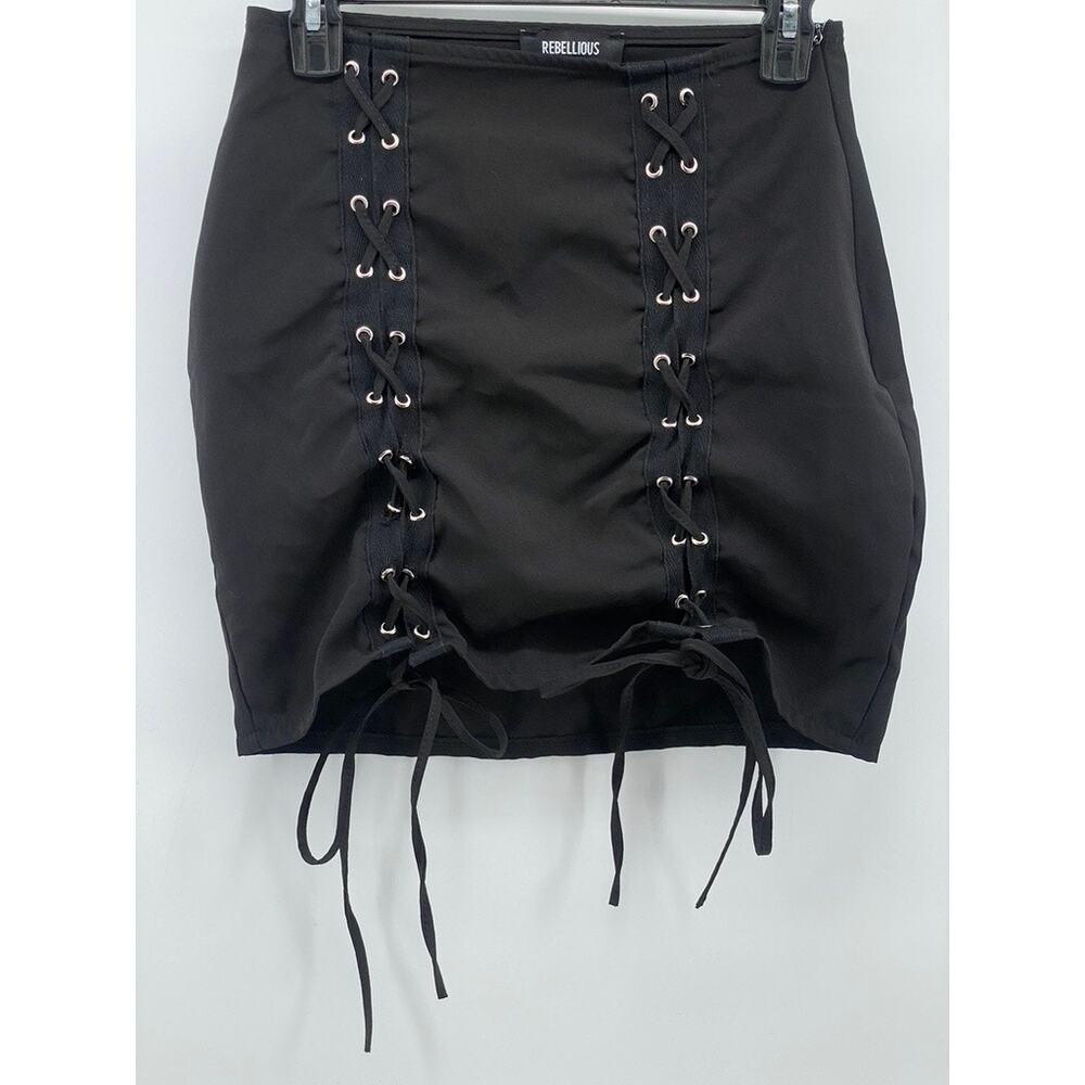REBELLIOUS FASHION Women's Black Lace-Up Corset Mini Skirt SZ 6